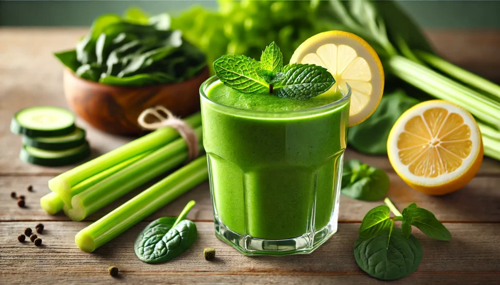 A detoxifying green smoothie in a clear glass, topped with fresh mint leaves and a lemon wedge. The smoothie sits on a natural wooden surface, surrounded by spinach, celery, and green tea, evoking a clean and refreshing wellness-focused aesthetic.