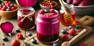 A vibrant pickled beet and berry smoothie in a clear glass, featuring a deep magenta color with a creamy texture. Garnished with fresh mixed berries and a sprinkle of cinnamon. The background includes a small jar of pickled beets, a wooden spoon with honey, and scattered berries on a rustic wooden surface, highlighting probiotic-rich ingredients for gut health.