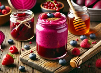 A vibrant pickled beet and berry smoothie in a clear glass, featuring a deep magenta color with a creamy texture. Garnished with fresh mixed berries and a sprinkle of cinnamon. The background includes a small jar of pickled beets, a wooden spoon with honey, and scattered berries on a rustic wooden surface, highlighting probiotic-rich ingredients for gut health.