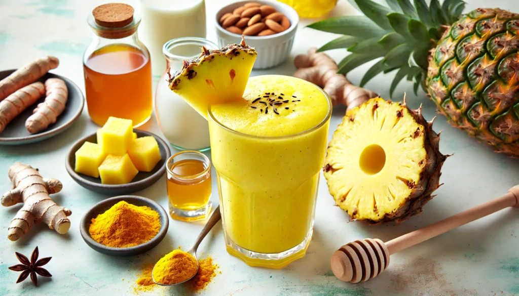 A bright yellow pineapple and apple cider vinegar smoothie in a clear glass, surrounded by fresh pineapple chunks, apple cider vinegar, almond milk, turmeric, and honey on a bright kitchen counter. A digestion-boosting drink designed to support stomach acid balance and gut health.