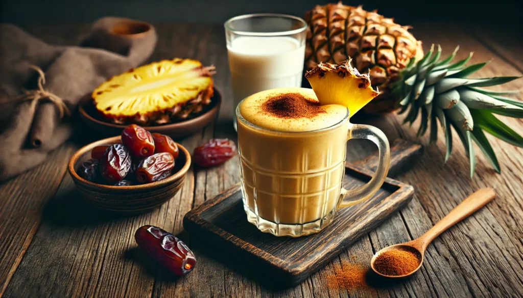 A warm pineapple date smoothie in a clear glass mug, with a velvety texture and a sprinkle of cinnamon on top. The smoothie sits on a rustic wooden table with fresh pineapple chunks, a small bowl of Medjool dates, and a glass of cashew milk, exuding a dimly lit, cozy nighttime ambiance.