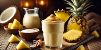 A creamy pineapple dream smoothie in a clear glass, with a smooth and velvety texture, garnished with a sprinkle of cinnamon and a pineapple slice. The smoothie sits on a rustic wooden table with fresh pineapple chunks, a banana, and a small bowl of coconut milk, creating a warm and cozy nighttime ambiance.