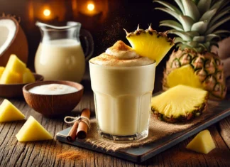 A creamy pineapple dream smoothie in a clear glass, with a smooth and velvety texture, garnished with a sprinkle of cinnamon and a pineapple slice. The smoothie sits on a rustic wooden table with fresh pineapple chunks, a banana, and a small bowl of coconut milk, creating a warm and cozy nighttime ambiance.