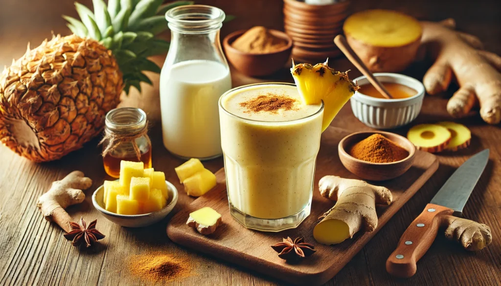 A creamy golden-yellow pineapple-ginger recovery smoothie in a glass, garnished with cinnamon, surrounded by fresh pineapple chunks, ginger root, Greek yogurt, honey, cinnamon, and almond milk on a wooden countertop.