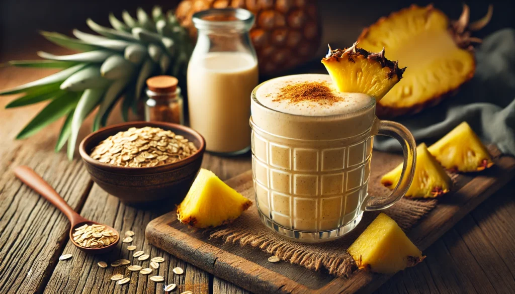 A warm pineapple oat smoothie in a clear glass mug, with a creamy texture and a dusting of nutmeg on top. The smoothie is placed on a rustic wooden surface with fresh pineapple chunks, a small bowl of cooked oats, and a glass of oat milk, evoking a soft, cozy nighttime atmosphere.