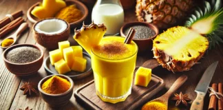 A golden-yellow pineapple-turmeric anti-inflammatory smoothie in a glass, garnished with cinnamon, surrounded by fresh pineapple chunks, turmeric, chia seeds, coconut milk, and black pepper on a wooden countertop.
