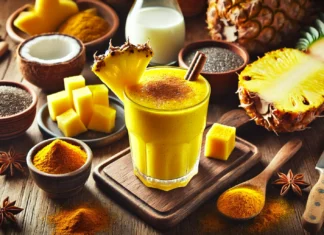 A golden-yellow pineapple-turmeric anti-inflammatory smoothie in a glass, garnished with cinnamon, surrounded by fresh pineapple chunks, turmeric, chia seeds, coconut milk, and black pepper on a wooden countertop.