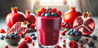 A vibrant smoothie in a clear glass, featuring pomegranate and mixed berries. The smoothie has a rich red-purple hue and is garnished with a few fresh berries. The background is a bright and fresh kitchen setting with whole pomegranates, blueberries, raspberries, and strawberries arranged naturally.