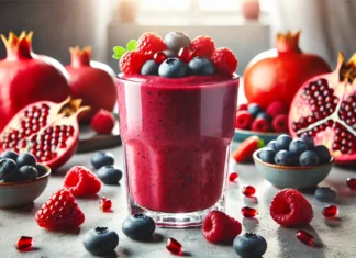 A vibrant smoothie in a clear glass, featuring pomegranate and mixed berries. The smoothie has a rich red-purple hue and is garnished with a few fresh berries. The background is a bright and fresh kitchen setting with whole pomegranates, blueberries, raspberries, and strawberries arranged naturally.