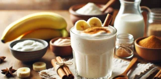 A creamy beige probiotic smoothie in a clear glass, garnished with banana slices and a dash of cinnamon. The smoothie sits on a wooden countertop, surrounded by Greek yogurt, white miso paste, and almond milk, creating a gut-nourishing and wholesome visual.