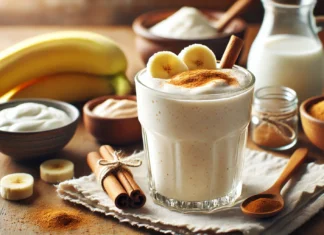 A creamy beige probiotic smoothie in a clear glass, garnished with banana slices and a dash of cinnamon. The smoothie sits on a wooden countertop, surrounded by Greek yogurt, white miso paste, and almond milk, creating a gut-nourishing and wholesome visual.