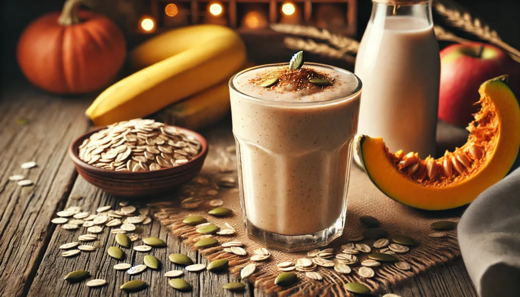 A rich and creamy protein-boosting pumpkin seed and oat smoothie served in a glass with a sprinkle of nutmeg on top. The smoothie is placed on a rustic wooden table surrounded by raw rolled oats, pumpkin seeds, half a banana, and a small bottle of oat milk. The background is softly blurred with warm, inviting lighting.
