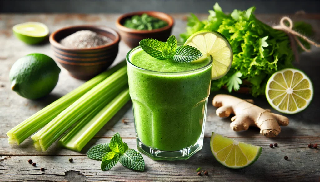 A vibrant green cleansing smoothie in a clear glass, topped with fresh mint leaves and a lime wedge. The smoothie rests on a rustic wooden surface, surrounded by psyllium husk, celery, green tea, and ginger, evoking a fresh and detoxifying wellness atmosphere.