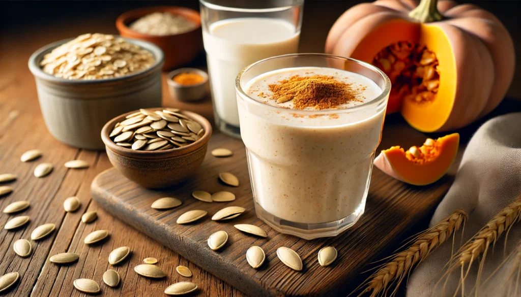 A comforting pumpkin seed and oat milk smoothie in a clear glass, with a creamy texture and a light dusting of cinnamon on top. The smoothie is placed on a wooden surface alongside a small bowl of raw pumpkin seeds, a cup of cooked oats, and a glass of oat milk, evoking a soft, warm nighttime ambiance.