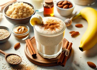 A nutritious quinoa-banana power smoothie in a glass, garnished with a sprinkle of cinnamon and a banana slice. Surrounding the glass are ingredients including a small bowl of cooked quinoa, a banana, a jar of almond butter, a drizzle of honey, a glass of oat milk, and a cinnamon stick. The setting is bright and inviting, emphasizing natural energy and healthy nutrition.