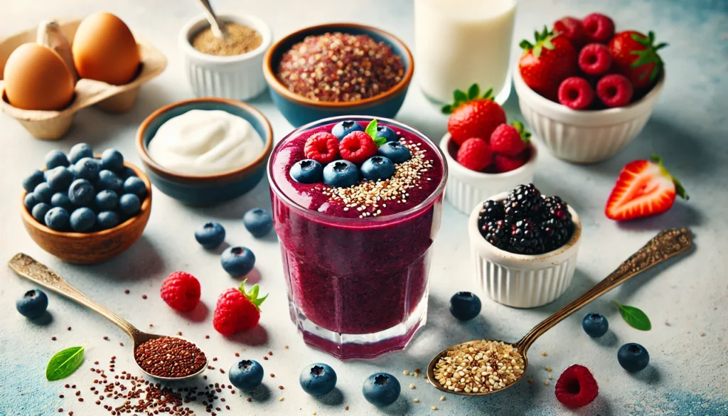 A rich and vibrant quinoa-berry antioxidant smoothie in a glass, garnished with fresh berries and a sprinkle of hemp seeds. Surrounding the glass are ingredients including a small bowl of cooked quinoa, a mix of fresh blueberries, raspberries, and strawberries, a scoop of Greek yogurt, a spoonful of hemp seeds, and a glass of almond milk. The setting is bright and inviting, emphasizing antioxidant-rich nutrition and sustained energy.
