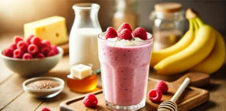 A vibrant pink probiotic-rich smoothie in a clear glass, garnished with fresh raspberries and a drizzle of honey. The smoothie sits on a wooden countertop, surrounded by kefir, banana, and flaxseeds, creating a refreshing and gut-supporting atmosphere.