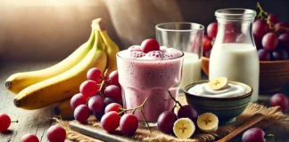A creamy red grape and banana energy boost smoothie served in a glass with a frothy texture. Surrounding the smoothie are fresh red grapes, a ripe banana, a small bowl of Greek yogurt, and a glass of almond milk. The smoothie is set on a rustic wooden kitchen counter with natural light highlighting the freshness of the ingredients.