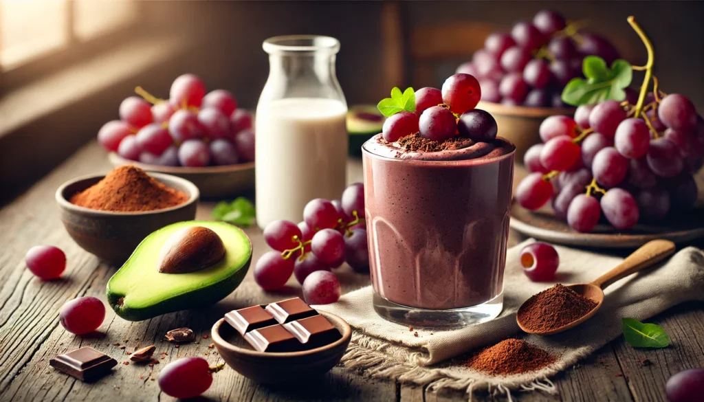 A rich and creamy red grape and cacao muscle repair smoothie served in a glass with a deep chocolate hue. The smoothie is surrounded by fresh red grapes, a halved avocado, raw cacao powder in a small dish, and a glass of cashew milk. The scene is set on a rustic wooden table with soft, warm lighting, creating a soothing and nutritious post-workout atmosphere.
