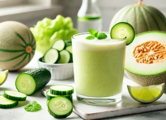 A refreshing smoothie in a clear glass, featuring honeydew melon, cucumber, and coconut water. The smoothie has a light green color and is garnished with a cucumber slice and a lime wedge. The background is a bright and fresh kitchen setting with whole and sliced honeydew melons and cucumbers arranged naturally.
