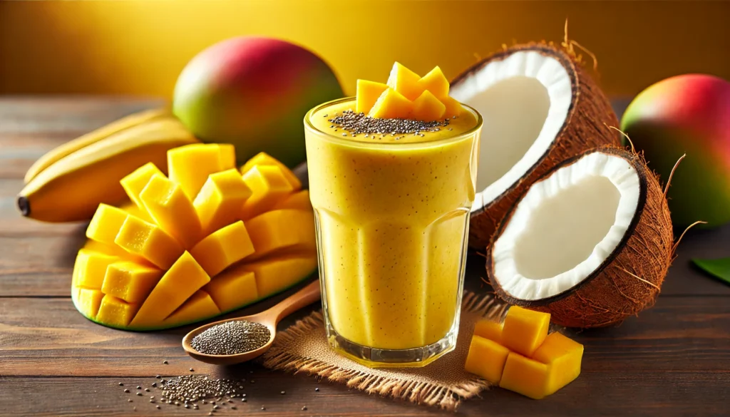 A vibrant golden yellow tropical smoothie in a clear glass, topped with chia seeds. Fresh mango chunks, a halved banana, and an open coconut surround the glass, creating a bright and refreshing scene.