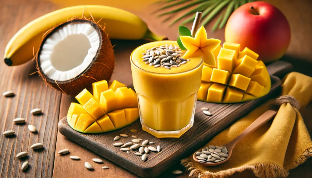 A vibrant yellow-orange tropical smoothie in a clear glass, topped with sunflower seeds. Fresh mango chunks, a halved banana, and a small coconut with a straw create a bright, tropical-themed scene.