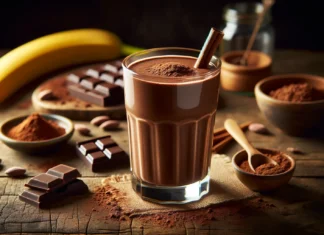 A rich chocolate-infused smoothie in a clear glass with a creamy deep brown texture, garnished with cacao powder and a cinnamon stick. The rustic setting includes raw cacao beans, a small bowl of cacao powder, a banana, and a jar of almond butter in the background.