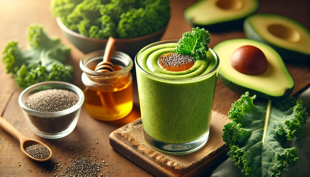 A vibrant green avocado-kale smoothie in a clear glass, topped with chia seeds. Fresh kale leaves, a halved avocado, a small bowl of chia seeds, and a drizzle of honey surround the smoothie, enhanced by warm, natural lighting.