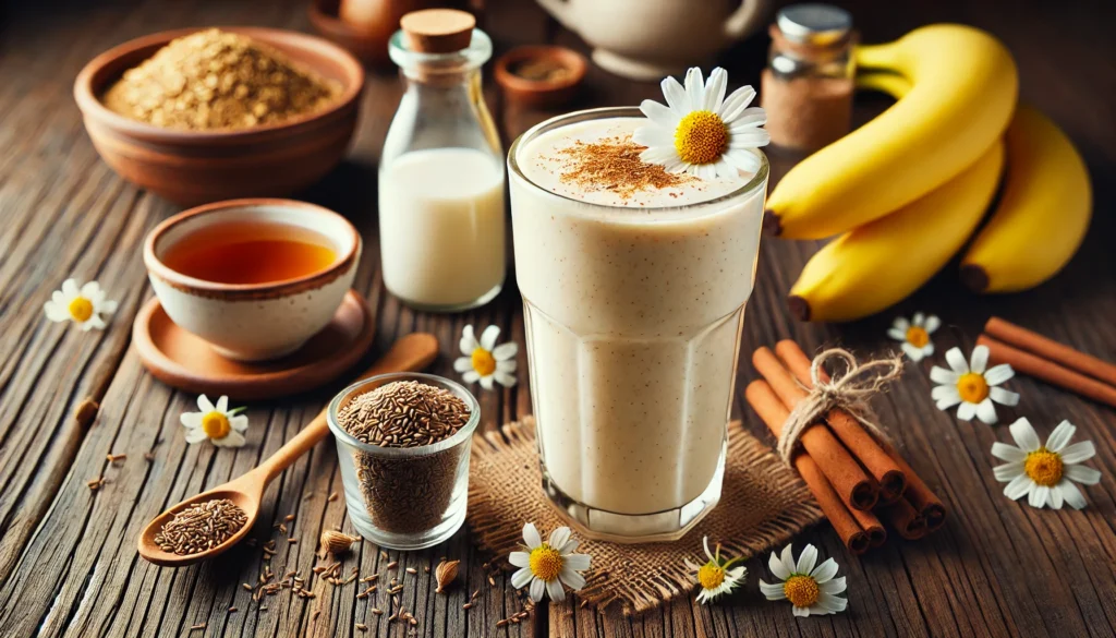 A soothing caraway and chamomile smoothie in a tall glass, with a creamy, light golden color and a frothy texture. Garnished with a small chamomile flower and a dusting of cinnamon. The background includes a small dish of caraway seeds, a cup of chamomile tea, a banana, and a jar of coconut milk on a rustic wooden surface, evoking calmness and digestive comfort.