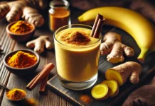 A warm, creamy smoothie with a golden hue, featuring ginger, turmeric, banana, and cinnamon. The smoothie is garnished with cinnamon and surrounded by fresh ingredients on a rustic wooden surface, creating a cozy nighttime ambiance.