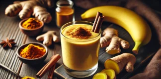 A warm, creamy smoothie with a golden hue, featuring ginger, turmeric, banana, and cinnamon. The smoothie is garnished with cinnamon and surrounded by fresh ingredients on a rustic wooden surface, creating a cozy nighttime ambiance.