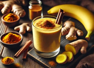 A warm, creamy smoothie with a golden hue, featuring ginger, turmeric, banana, and cinnamon. The smoothie is garnished with cinnamon and surrounded by fresh ingredients on a rustic wooden surface, creating a cozy nighttime ambiance.
