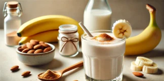 A creamy banana smoothie in a clear glass, featuring a smooth texture and light beige color. Garnished with a sprinkle of cinnamon and a banana slice on the rim. The background includes almond milk in a small jar and a wooden spoon with marshmallow root powder, creating a cozy, natural setting.