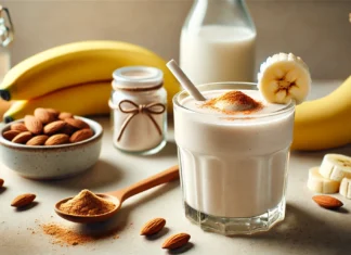 A creamy banana smoothie in a clear glass, featuring a smooth texture and light beige color. Garnished with a sprinkle of cinnamon and a banana slice on the rim. The background includes almond milk in a small jar and a wooden spoon with marshmallow root powder, creating a cozy, natural setting.