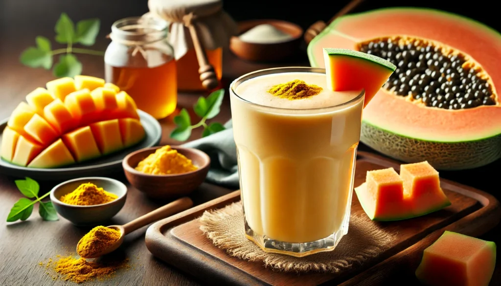 A creamy soft orange melon and papaya smoothie in a clear glass, garnished with a small slice of papaya and a sprinkle of turmeric powder. The setting includes a wooden table with fresh honeydew melon cubes, ripe papaya slices, a small dish of turmeric powder, and a honey jar, highlighting the smoothie’s digestive and anti-inflammatory benefits.