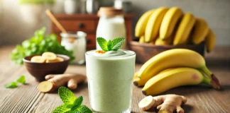 A refreshing creamy green smoothie in a clear glass, garnished with banana slices and fresh mint leaves. The smoothie sits on a wooden kitchen counter with a blurred background featuring bananas, Greek yogurt, and ginger root, highlighting its gut-friendly ingredients.