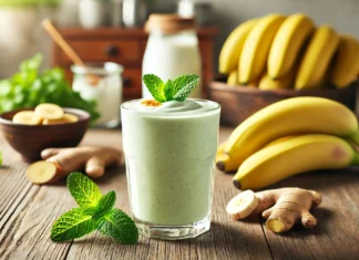 A refreshing creamy green smoothie in a clear glass, garnished with banana slices and fresh mint leaves. The smoothie sits on a wooden kitchen counter with a blurred background featuring bananas, Greek yogurt, and ginger root, highlighting its gut-friendly ingredients.
