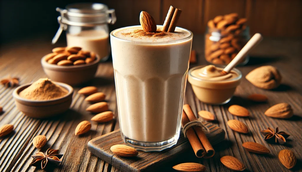 A tall glass of Spiced Almond Protein Power Smoothie with a creamy light brown texture, topped with a sprinkle of cinnamon and a whole almond. The smoothie is placed on a wooden table, surrounded by cinnamon sticks, nutmeg, a small bowl of almond butter, and a drizzle of honey, evoking a warm and cozy post-workout recovery vibe.