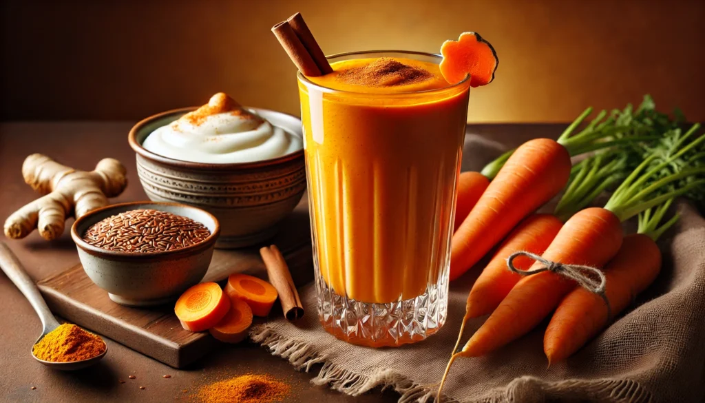 A tall glass of Spiced Carrot & Turmeric Healing Smoothie with a rich orange hue, topped with a sprinkle of cinnamon and a small piece of turmeric root. Around the smoothie are fresh carrots, a bowl of Greek yogurt, flaxseeds, and a cinnamon stick on a wooden table, evoking a nourishing and healing ambiance.