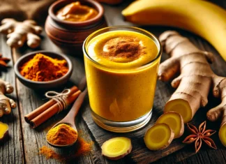 A vibrant spiced ginger-turmeric metabolism booster smoothie in a clear glass, with a warm golden-orange hue. The smoothie is garnished with a sprinkle of cinnamon and a small slice of banana. Surrounding the glass are fresh ginger root, turmeric root, a banana, and a small dish of almond butter on a rustic wooden surface, highlighted by soft natural lighting.