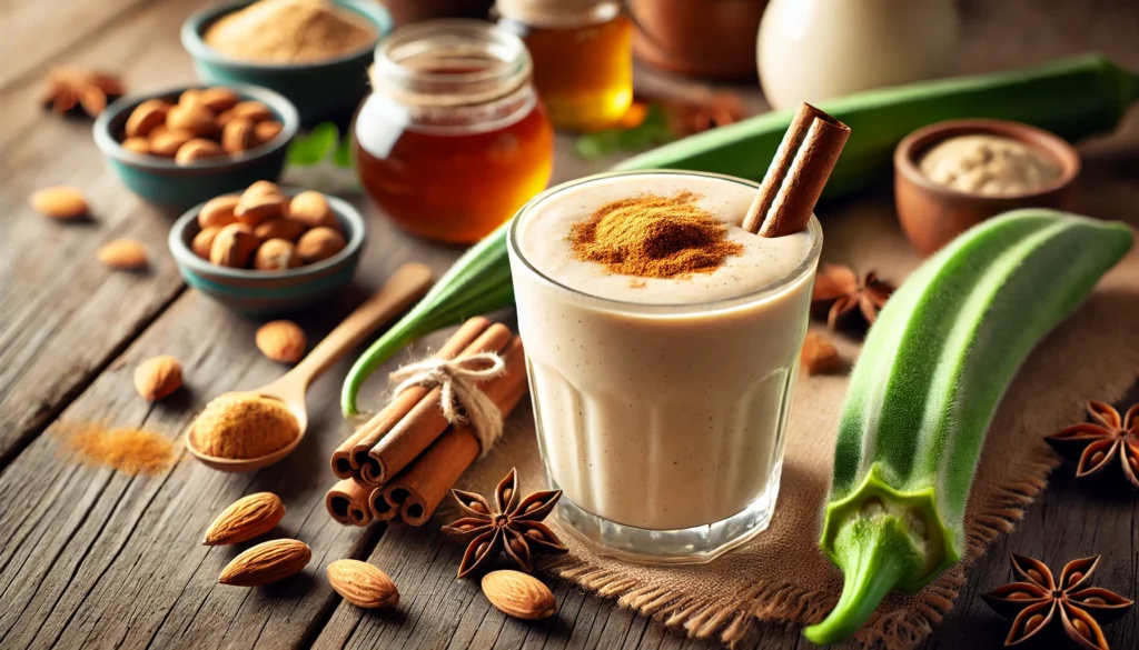 A creamy beige spiced comfort smoothie in a clear glass, garnished with a dusting of cinnamon and a swirl of almond butter. The smoothie rests on a rustic wooden surface, surrounded by fresh okra, almond milk, nutmeg, and honey, evoking a cozy and digestion-supportive atmosphere.