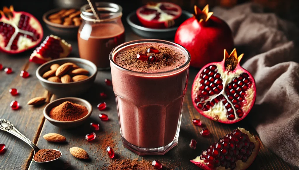 A rich and creamy smoothie in a clear glass, featuring pomegranate and cacao. The smoothie has a deep chocolate-red hue and is garnished with a sprinkle of cacao powder and a few pomegranate seeds. The background is a cozy kitchen setting with whole pomegranates, a small bowl of cacao powder, and almonds arranged naturally.