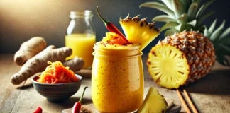 A vibrant orange-yellow spicy kimchi and pineapple smoothie in a clear glass, garnished with a small pineapple wedge and a sprinkle of red chili flakes. The setting includes a wooden table with fresh pineapple chunks, a small dish of kimchi, a piece of fresh ginger, and a glass of coconut water, highlighting the smoothie’s probiotic and digestion-boosting benefits.