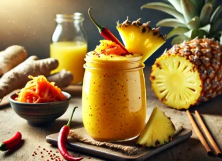 A vibrant orange-yellow spicy kimchi and pineapple smoothie in a clear glass, garnished with a small pineapple wedge and a sprinkle of red chili flakes. The setting includes a wooden table with fresh pineapple chunks, a small dish of kimchi, a piece of fresh ginger, and a glass of coconut water, highlighting the smoothie’s probiotic and digestion-boosting benefits.