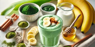 A creamy green spirulina and banana smoothie in a clear glass, surrounded by fresh banana slices, spirulina powder, Greek yogurt, honey, and cinnamon on a bright kitchen counter. A gut-healing drink designed to support digestion and promote recovery.