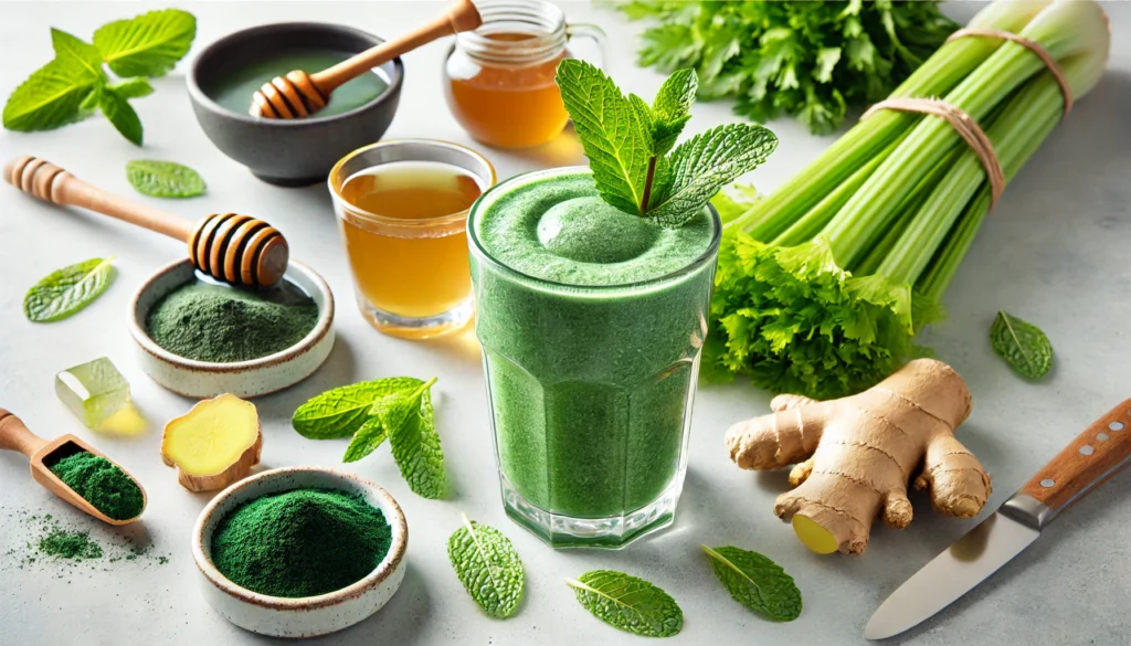 A cool green spirulina and mint-infused smoothie in a clear glass, surrounded by fresh mint leaves, spirulina powder, brewed chamomile tea, celery stalks, grated ginger, and honey on a clean kitchen counter. A refreshing drink designed to soothe digestion and aid gut recovery.