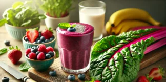 A rich purple-red Swiss chard and berry smoothie in a glass with a creamy texture. Surrounding the glass are fresh Swiss chard leaves, a mix of strawberries, blueberries, and raspberries, a banana, and a small bowl of chia seeds. A glass of almond milk sits in the background on a wooden surface. The softly blurred background enhances the fresh and vibrant feel.