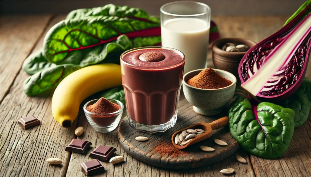 A rich, deep brown Swiss chard and cacao superfood smoothie in a glass with a velvety texture. Surrounding the glass are fresh Swiss chard leaves, a small bowl of raw cacao powder, half a banana, a small dish of sunflower seeds, and a glass of cashew milk on a rustic wooden surface. The softly blurred background enhances the nutrient-packed and wholesome ambiance.