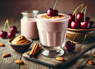 A creamy tart cherry smoothie in a clear glass, garnished with a sprinkle of cinnamon and almonds, placed on a rustic wooden surface. Fresh tart cherries and a small bowl of almond butter sit beside the glass, creating a cozy nighttime ambiance.