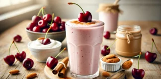 A tall glass of Tart Cherry-Almond Protein Smoothie with a creamy light pink hue, garnished with a cherry on top and a sprinkle of cinnamon. Surrounding the smoothie are fresh tart cherries, a small bowl of almond butter, Greek yogurt, and a scoop of vanilla protein powder on a wooden table with a bright, fitness-inspired background.